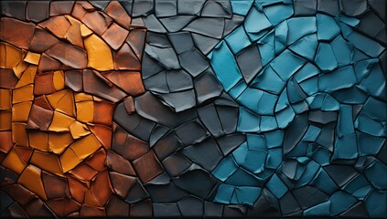 a beautiful wall made from blue, coral, orange and yellow tiles