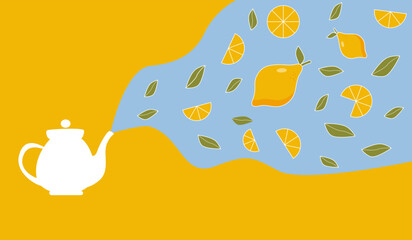 Tea pot with steam of aromatic green tea leaves and lemon. Flat vector illustration. Lemon tea background concept.