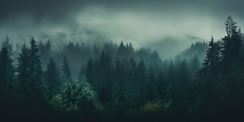 a forest with fog in the background