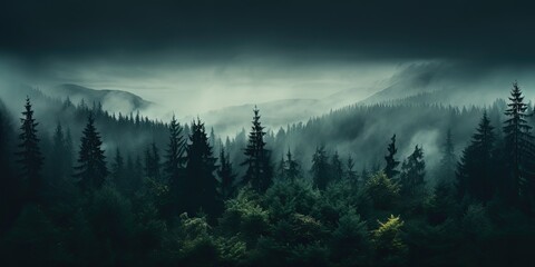 a forest with fog in the background - obrazy, fototapety, plakaty