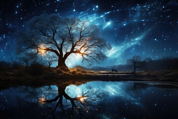 a glowing tree reflects the night sky at the night, winter