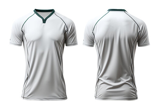 white sports t-shirt green stripe pattern, jersey mockup design with front and back views, generative ai