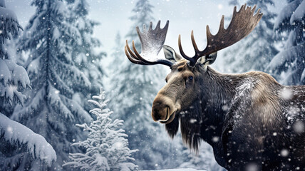 face of a moose in a snow-covered forest