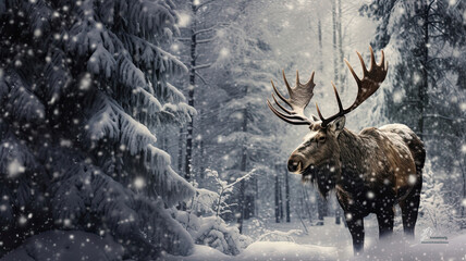 Moose in a snow-covered forest
