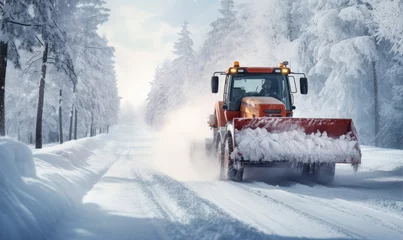  Tractor with a snow plow is plowing snow from a road during hard winter. © Filip