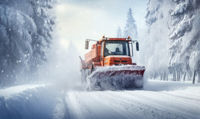 Snow plow truck is plowing snow from a road during hard winter - obrazy, fototapety, plakaty