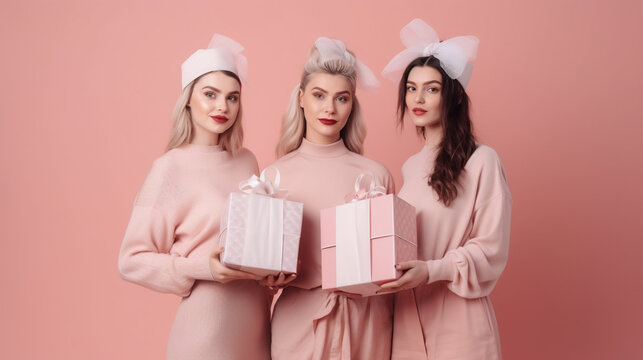 Women holding a wrapped gift. AI Generated