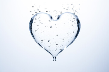 Splashes and drops of water form a heart shape on a light background.