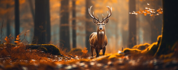 A majestic deer in a beautiful autumn forest - obrazy, fototapety, plakaty