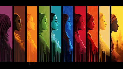 Abstract line of human profiles executed in paint style on the subject of cultural diversity - obrazy, fototapety, plakaty