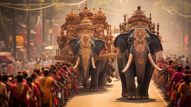 A grand Hanuman procession, complete with elephants and musicians.