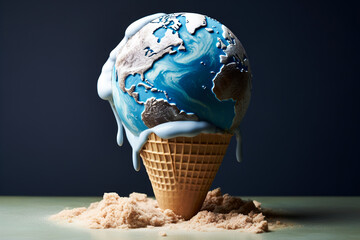 A melting scoop of dripping ice cream in form of earth in a waffle cone.Concept on the theme of global warming. - obrazy, fototapety, plakaty