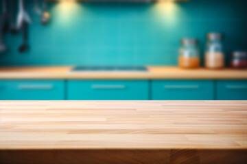 Direct view of a wooden kitchen countertop against a blurred view of the interior.