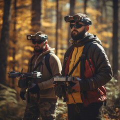Two fpv pilots with a military backpack in a mountain forest. AI Generated