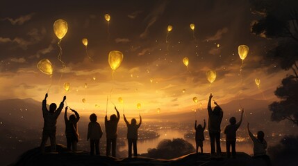 A group of friends releasing golden balloons into the night sky, bidding farewell to the old year and welcoming the new one.