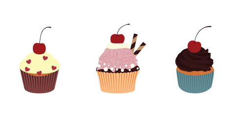 Cute cupcake with cherry set. Flat cartoon design. Vector illustration on white background