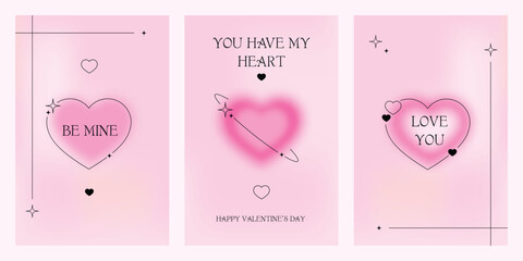 Set of modern posters with Valentine's Day. Trendy gradients, blurred shapes, typography, y2k. Social media stories templates. Vector illustrations for mobile apps, banner, greeting card