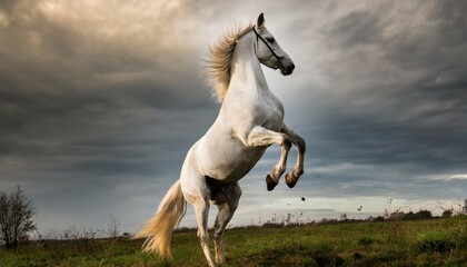 Obraz na płótnie Canvas dramatic photo of a white horse rearing