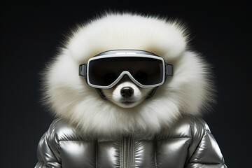 Concept dog wearing ski goggles and a metallic jacket with fur.