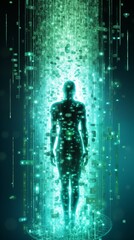 Obraz premium Digital humanoid figure, made up of binary code in a neutral pose, showcasing the fusion of humanity and code.Numbers cascade down its form 