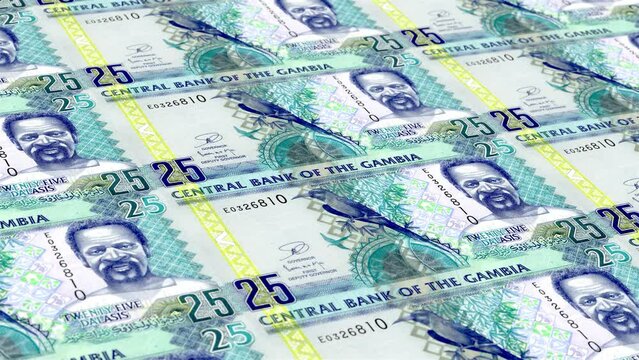 Gambia Gambian Dalasi 25 Banknotes Money Printing House, Printing Twenty Five Gambian Dalasi, Printing Press Machine Print out Gambian Dalasi, Being printed by currency press machine 25 Gambian
