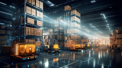 A high-tech warehouse with autonomous forklifts efficiently moving stacks of goods. - obrazy, fototapety, plakaty
