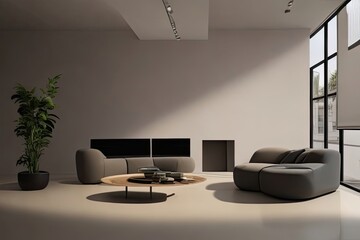 Decorative Living Room with Cozy Greenery and Empty Sofa. Indoor Living Room with Stylish Sofa Bed and Art on the Wall