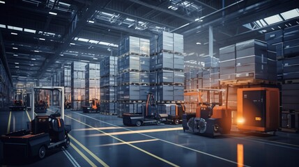 A high-tech warehouse with autonomous forklifts efficiently moving stacks of goods.