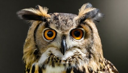 funny owl portrait against dark night background eagle owl head detail