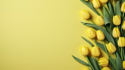 yellow tulips on a color background, top view, spring bouquet