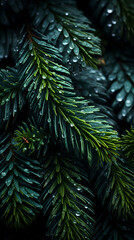 Green Christmas tree branch, Caucasian fir covered with raindrops