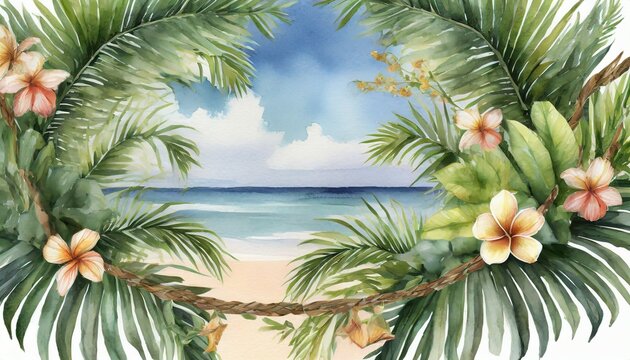exotic watercolor tropical frame border palm tree summer clipart illustration