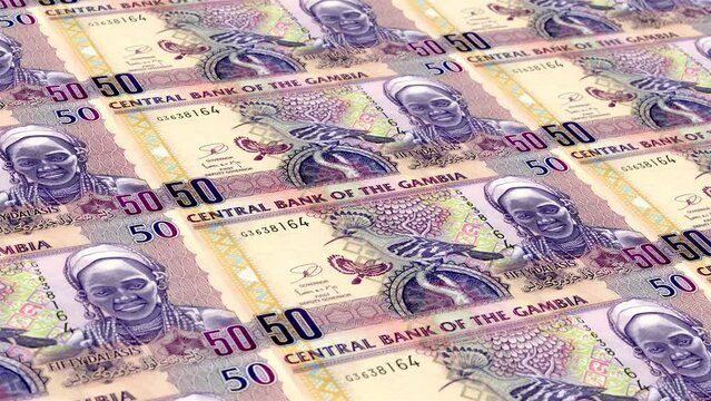 Gambia Gambian Dalasi 50 Banknotes Money Printing House, Printing Fifty Gambian Dalasi, Printing Press Machine Print out Gambian Dalasi, Being printed by currency press machine 50 Gambian