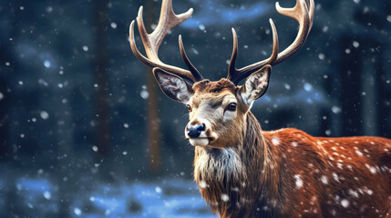 Deer on the background of the forest in winter, snow-covered trees and snowing