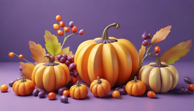3d style pumpkins and autumn fruits on purple background