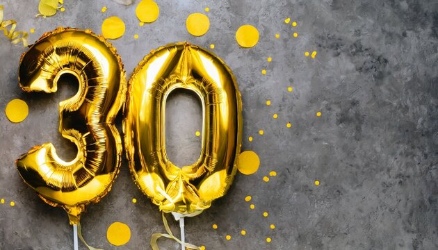 yellow foil balloon number number thirty on a concrete background 30th birthday card anniversary concept for anniversary birthday new year celebration banner