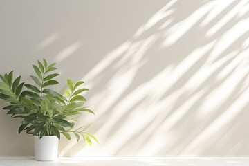 Minimal abstract light grey background for product presentation. Shadow and light from windows on plaster wall.