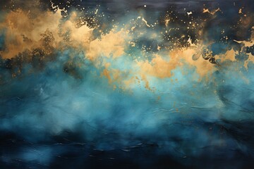 A celestial tapestry emerges as golden sparks and deep blues collide, creating an abstract...