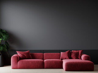 Accent living lounge room in dark colors - burgundy maroon and black. Dark empty painted wall background and crimson red velor sofa. Mockup wall for art. Contemporary trend interior design. 3d render