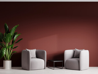 Terracotta luxury living lounge or reception. Deep dusty red burgundy maroon colour wall - accent background. Modern room design interior home. Rich premium set furniture. 3d render 