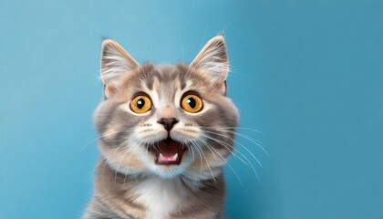 Fototapeta na wymiar adorable cute cat with surprised expression isolated on blue background banner generative ai