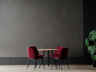 Meeting area or diningroom with round table and megenta burgundy maroon color chairs. Empty wall accent - microcement texture background plaster. Dinning modern kitchen interior. 3d render 