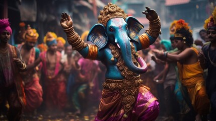 A lively dance performance during a Ganesh festival, where performers don vibrant costumes and...