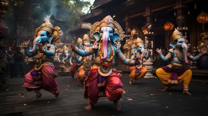 A lively dance performance during a Ganesh festival, where performers don vibrant costumes and masks to pay tribute to the deity. - obrazy, fototapety, plakaty