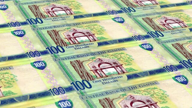 Gambia Gambian Dalasi 100 Banknotes Money Printing House, Printing One Hundred Gambian Dalasi, Printing Press Machine Print out Gambian Dalasi, Being printed by currency press machine 100 Gambian