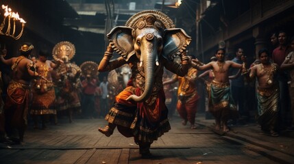 A lively dance performance during a Ganesh festival, where performers don vibrant costumes and masks to pay tribute to the deity.