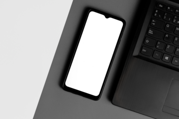 white and grey background that contains a cell phone without a screen to fill and next to it a computer. PNG image.