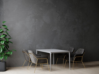 Dining area trend. Large table and 4 rich chairs. Black gray interior design colors. Cozy room layout. Mockup empty accent walls - texture micro cement plaster. Dinning or restaurant room. 3d render