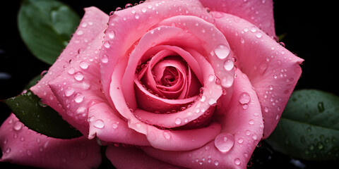 Close up of pink rose with water drops, floral background 