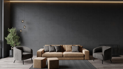 Livingroom or business lounge in deep dark colors. Combination of beige brown and gray. Empty wall mockup - microcement background and rich furniture. Premium interior design reception room. 3d render